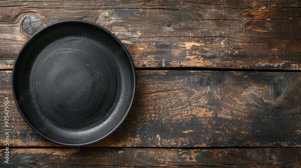 Top view of a black plate on a kitchen table with space for text or image. Top view of a black plate on a kitchen table with space for text or image.