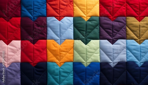 A patchwork heart sewn onto a childs quilt, colorful and comforting in this homey illustration