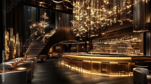 Luxurious bar with a long, curved counter, a grand staircase, and a large chandelier.