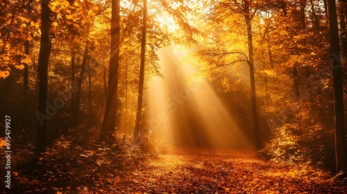 Golden Sunlight Through Autumn Forest