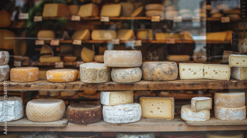 Variety of cheese showcased in a traditional shop window. Close-up shot of cheese wheels and blocks displayed on shelves. Ideal for representing artisanal food, gourmet products, and culinary arts.
