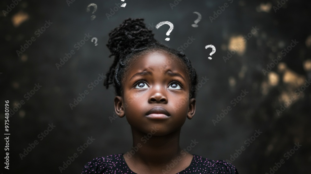 An African young girl stands with question marks floating above her head, lost in thought An African young girl stands with question marks floating above her head, lost in thought
