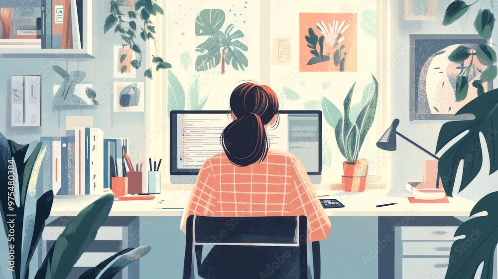 A serene home office scene featuring a woman working at her desk surrounded by plants and natural light, inspiring creativity. A serene home office scene featuring a woman working at her desk surrounded by plants and natural light, inspiring creativity.