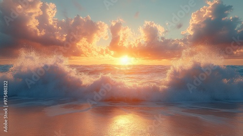 Serene Sunset with Crashing Waves on a Sandy Beach Perfect for Relaxation and Nature Themes