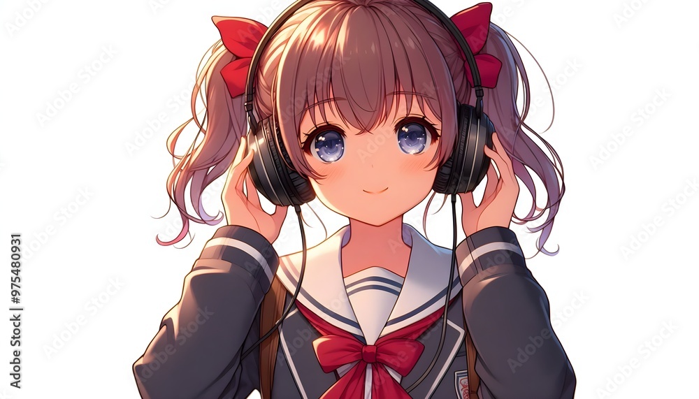 Φωτογραφία schoolgirl girl listening to music on headphones, anime style character isolated