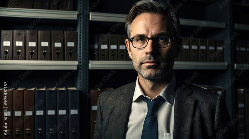 Fototapeta premium Accountant and tax consulting agent in dark office, generative ai