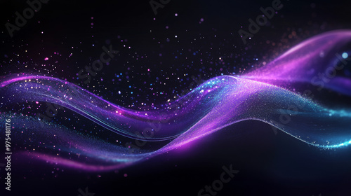 A dark background with a glowing wave made of shiny, moving lines. It's a modern design with purple and blue colors, and it looks like a futuristic technology concept.