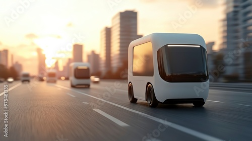 Futuristic autonomous vehicle driving on a city road during sunset, showcasing innovation and modern transportation.