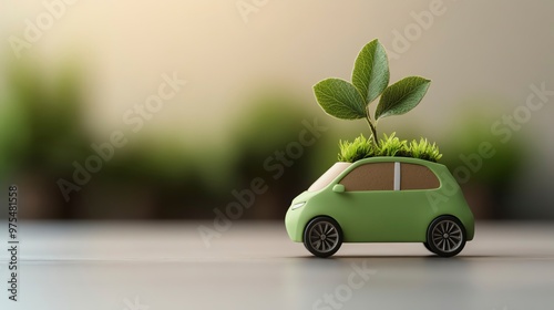 A creative eco-friendly car model adorned with green plants symbolizing sustainability and environmental protection.