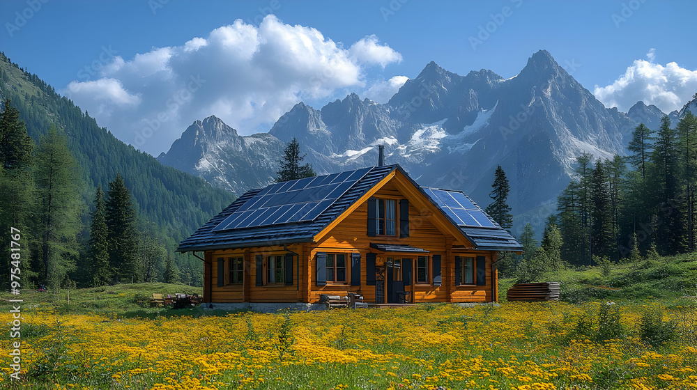 Wooden Cabin with Solar Panels in a Field of Yellow Flowers - Realistic Image Wooden Cabin with Solar Panels in a Field of Yellow Flowers - Realistic Image