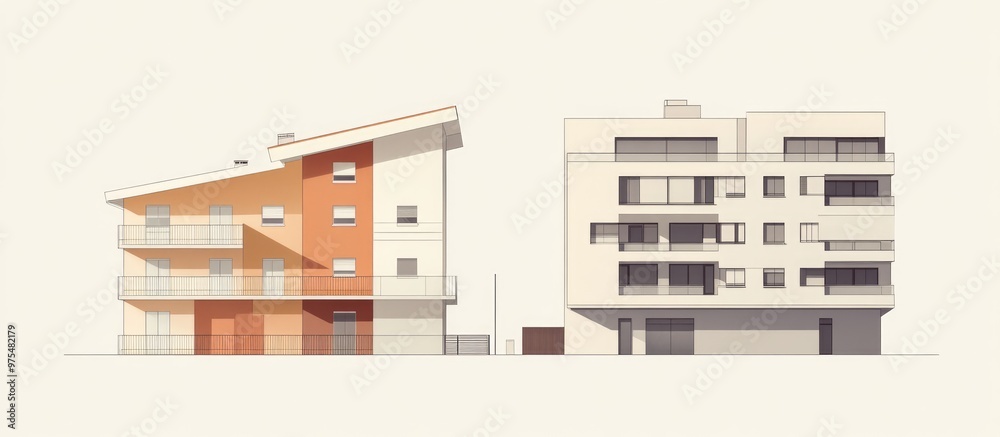 Illustration of a house building and flat set against a plain background Illustration of a house building and flat set against a plain background