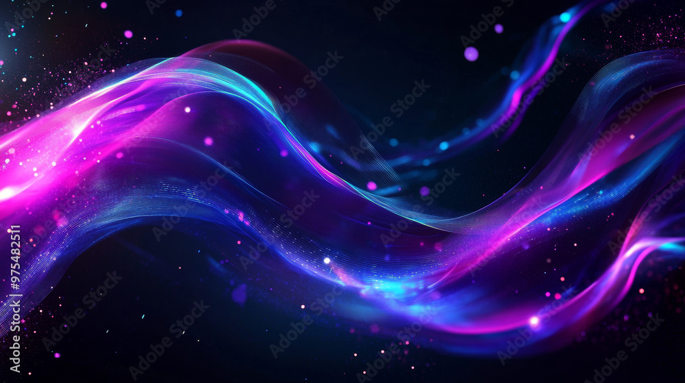 A dark background with a glowing wave made of shiny, moving lines. It's a modern design with purple and blue colors, and it looks like a futuristic technology concept. A dark background with a glowing wave made of shiny, moving lines. It's a modern design with purple and blue colors, and it looks like a futuristic technology concept.