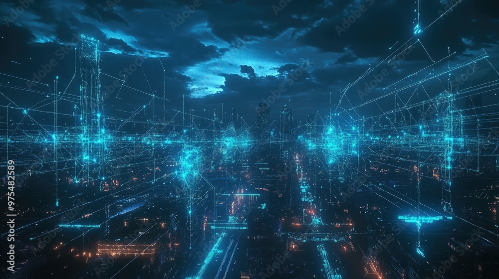Futuristic city skyline with glowing network connections. Futuristic city skyline with glowing network connections.