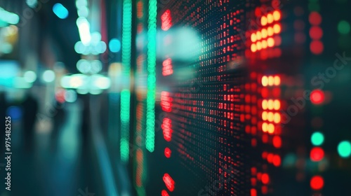 A close-up of stock prices on a digital ticker, with red and green numbers representing market fluctuations.