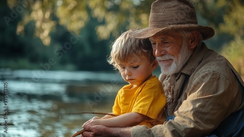 Grandfather and Grandson Fishing Together by the River