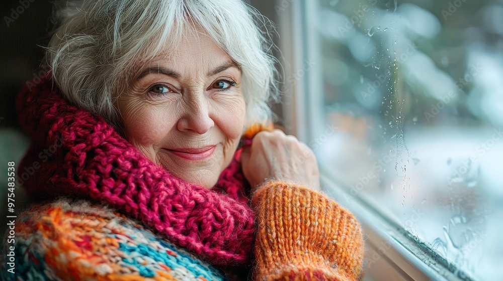 Senior Woman Looking Out Window in Winter Senior Woman Looking Out Window in Winter
