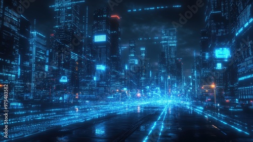 Futuristic city skyline with glowing digital lines, illustrating the concept of technology and urban life.