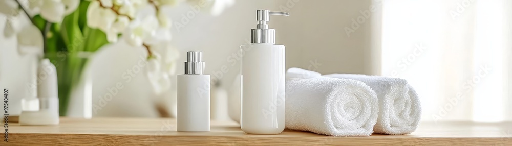White Bottles and Rolled Towels on Wooden Countertop, spa, bathroom, beauty