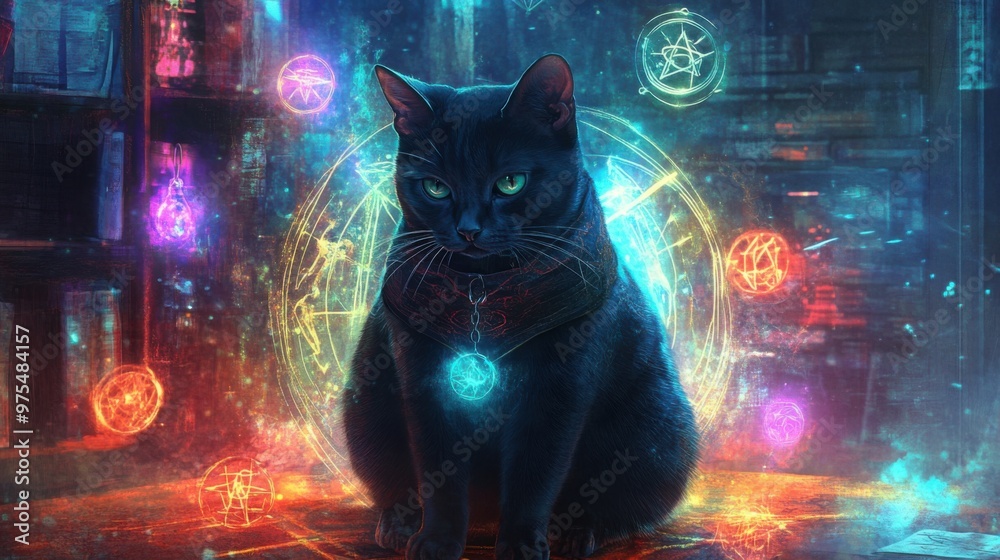 A cat is sitting in front of a circle of symbols and a book A cat is sitting in front of a circle of symbols and a book