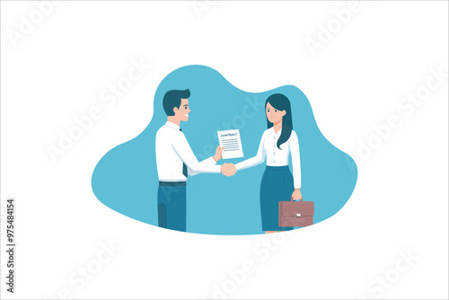 Business partners shaking hands. Handshake of man and woman making deal, coming to agreement and concluding contract. Partnership concept. Colored flat vector illustration isolated on white background