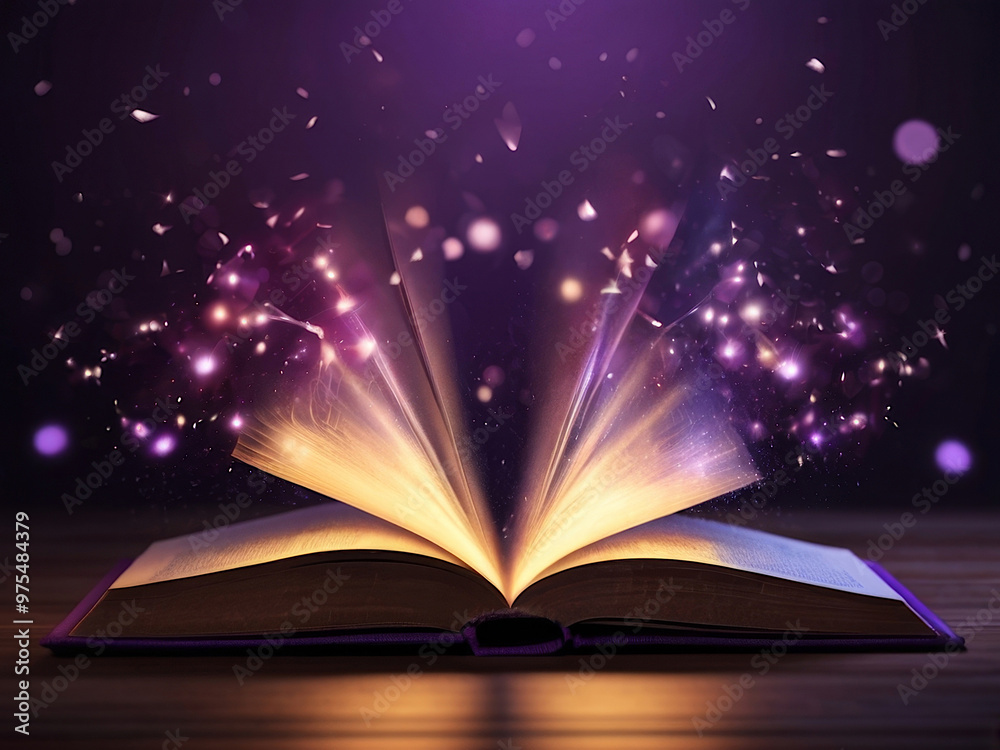 open magic book with different purple lights with bokeh effect open magic book with different purple lights with bokeh effect
