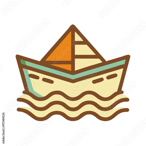 Paper Boat Icon Sailing On Stylized Waves, Digital Detox Theme, 1970s Color Palette, Transparent Background