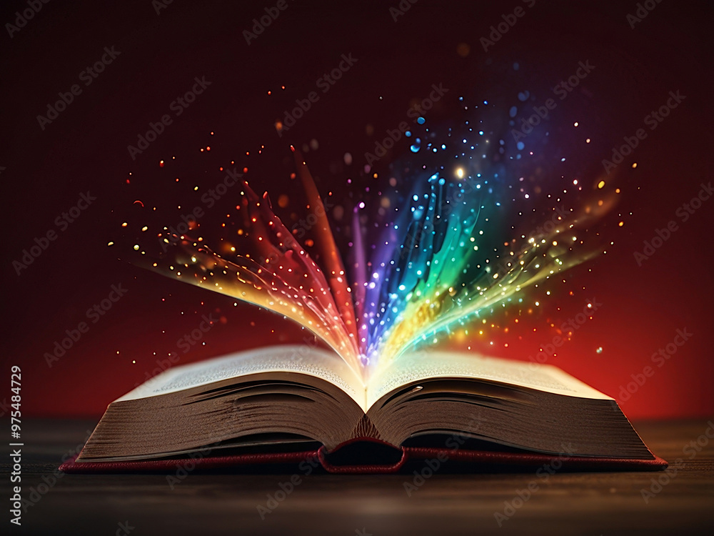 red open magic book with different rainbow lights with bokeh effect red open magic book with different rainbow lights with bokeh effect
