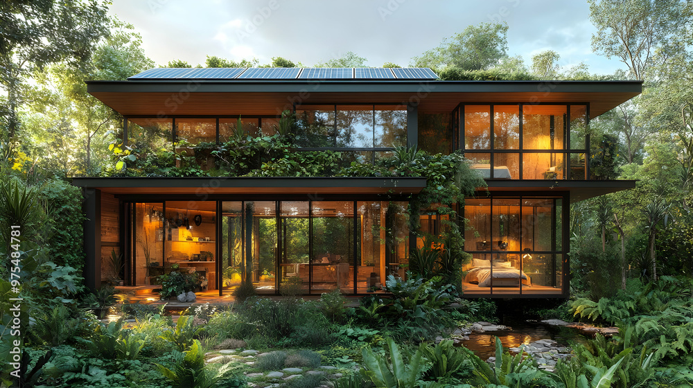 Modern Sustainable Home with Green Roof and Solar Panels - 3D Illustration Modern Sustainable Home with Green Roof and Solar Panels - 3D Illustration