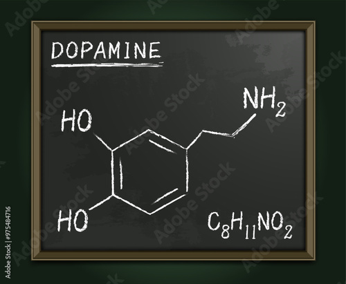 Dopamine molecule structure on the classroom blackboard in realistic hand writing style.