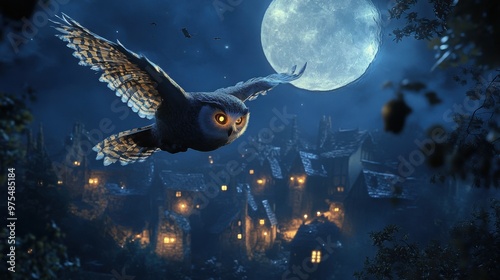 A large owl flies over a city at night