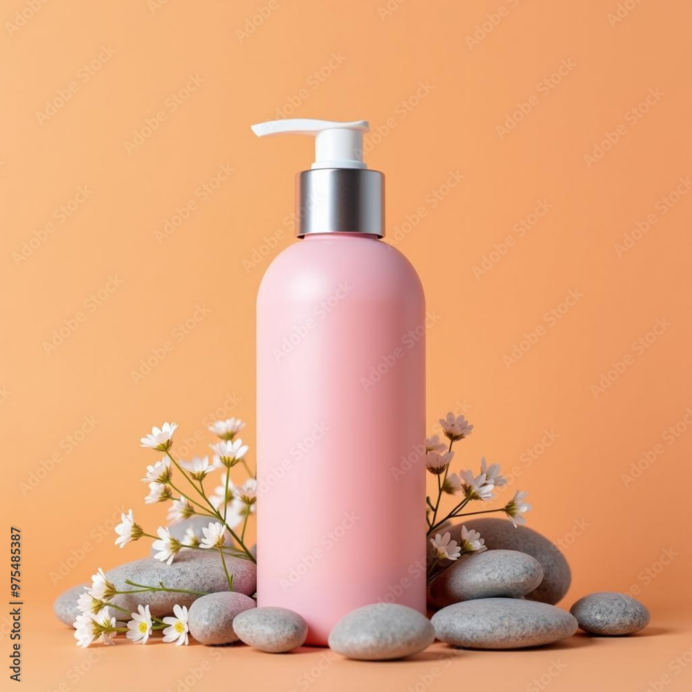 A cosmetic bottle surrounded by small white flowers and smooth gray stones on an orange background A cosmetic bottle surrounded by small white flowers and smooth gray stones on an orange background