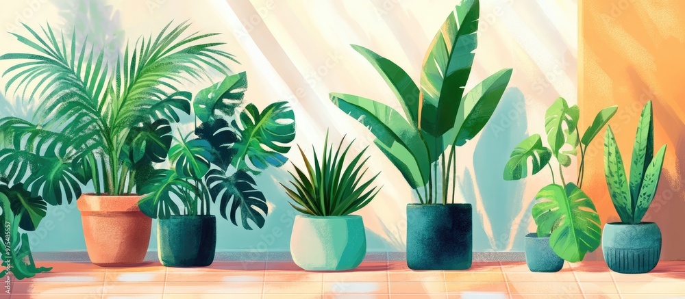 Artwork depicting indoor plants in stylish pots within a cozy room Showcasing the concept of home gardening and a tranquil green space for a tranquil atmosphere Artwork depicting indoor plants in stylish pots within a cozy room Showcasing the concept of home gardening and a tranquil green space for a tranquil atmosphere