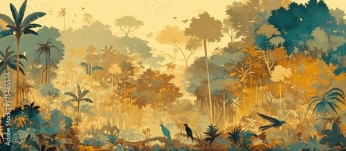 Fototapeta Naklejka Na Ścianę i Meble -  Vintage tropical landscape painting featuring a calming border with trees and palm trees ideal for a botanical jungle mural or children s wallpaper