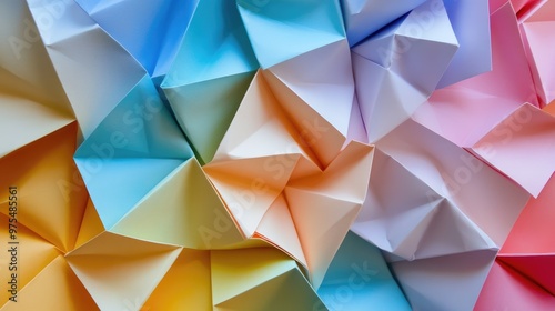 A flat lay of colorful origami paper with smooth, sharp folds and precise texture, ready for crafting projects.