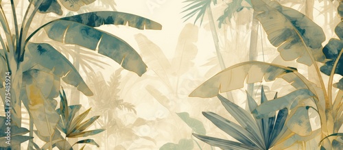 Artwork featuring palm leaves in a light toned mural suitable for wallpaper depicting a serene landscape