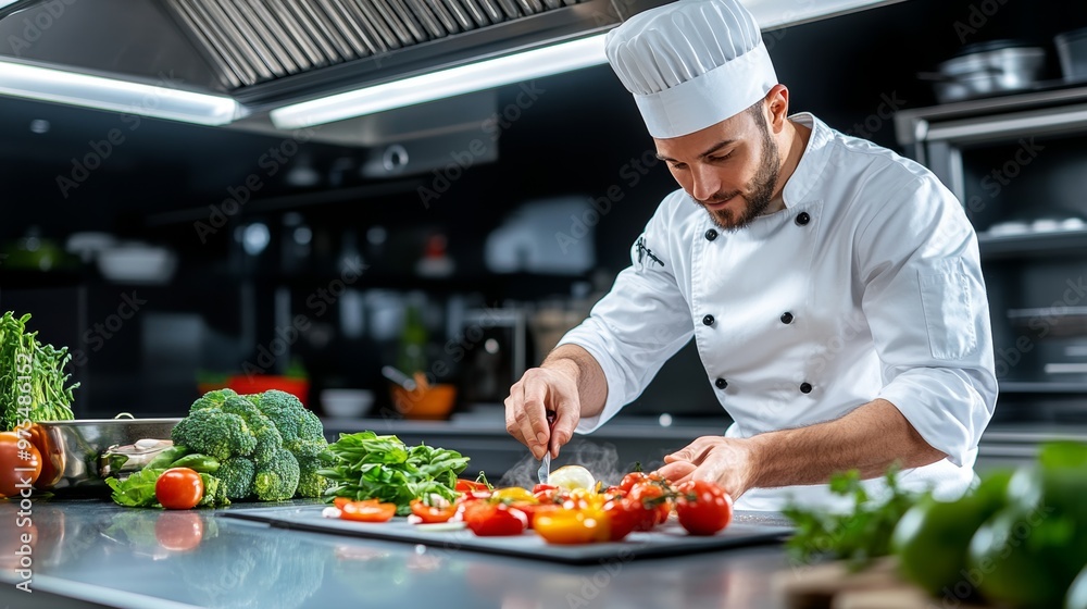 Chef Preparing Fresh Vegetables in Modern Kitchen Chef Preparing Fresh Vegetables in Modern Kitchen