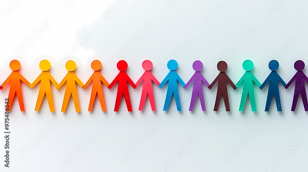 Colorful paper cutouts of diverse individuals holding hands together.