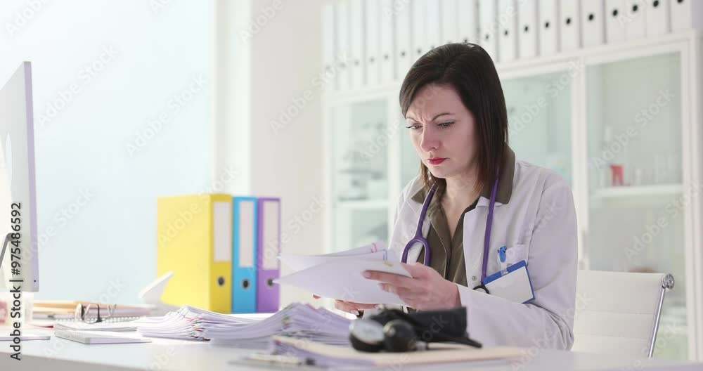 Focused woman doctor examines papers sitting at workplace in hospital. Medic in uniform reviews stack of medical records with concentration Focused woman doctor examines papers sitting at workplace in hospital. Medic in uniform reviews stack of medical records with concentration