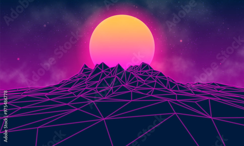 Futuristic landscape with mountains and sunset. 80s retro neon concept. Vector illustration.