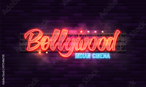 Bollywood indian cinema. Movie banner or poster with retro neon signs. Vector illustration.
