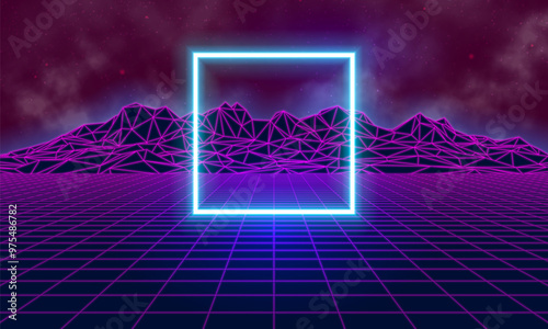 Synthwave futuristic landscape. 80s retro neon concept. Vector illustration.