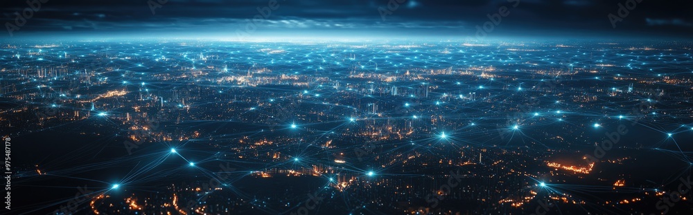 Aerial view of a city at night with glowing lights and connections, representing global network and connection. Aerial view of a city at night with glowing lights and connections, representing global network and connection.