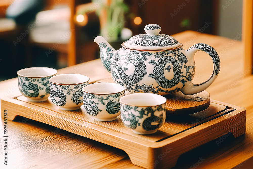 Elegant Blue and White Porcelain Tea Set on Wooden Tray