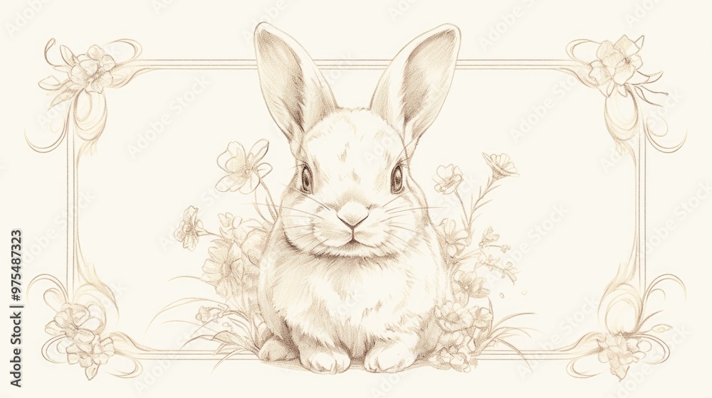 Obraz premium Easter Rabbit Outline Art in a Frame Sketch of an Isolated Bunny on a White Border for a Greeting Card Adorable Rabbit Design as a Holiday Talisman with Curved Borders