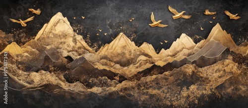 Fototapeta Naklejka Na Ścianę i Meble -  3D mural wallpaper featuring golden birds and mountains set against a brown and black color background