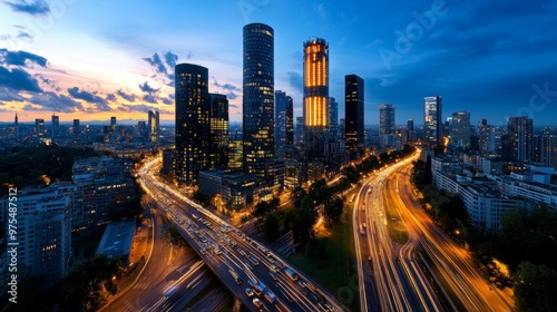 Cityscape at Dusk with Skyscrapers and Highway Traffic