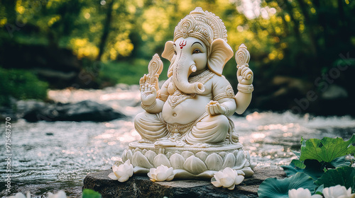Serene Lord Ganesha Statue Amidst Greenery by Tranquil River