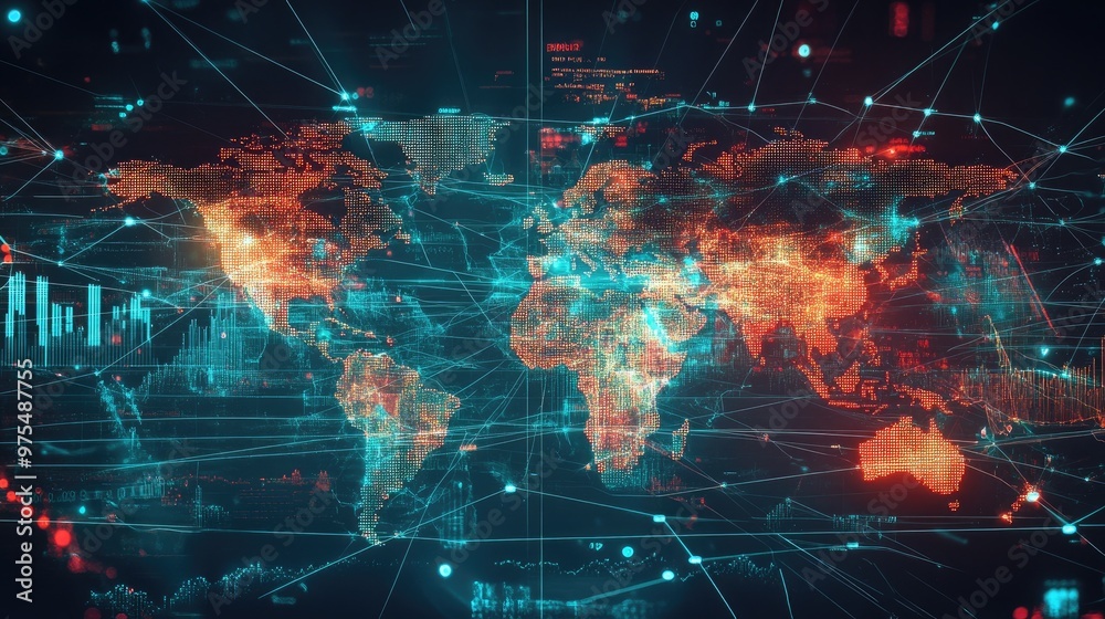A global map with stock market trends overlaid, showing worldwide financial connections and stock exchange growth. A global map with stock market trends overlaid, showing worldwide financial connections and stock exchange growth.