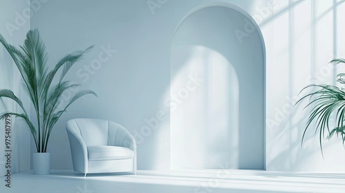 Minimalist white room with an armchair, plants, and arched doorway with sunlight streaming through.