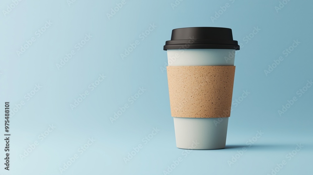 Eco-friendly Reusable Coffee Cup with Cork Sleeve on Light Blue Background, ideal for promoting sustainability lifestyle Eco-friendly Reusable Coffee Cup with Cork Sleeve on Light Blue Background, ideal for promoting sustainability lifestyle